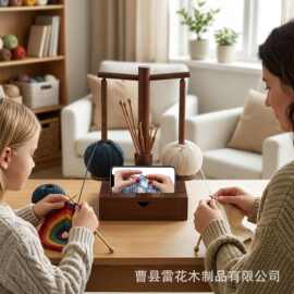 木制纱线架带抽屉盒手机支架一体实木多功能旋转轴磁性毛线架