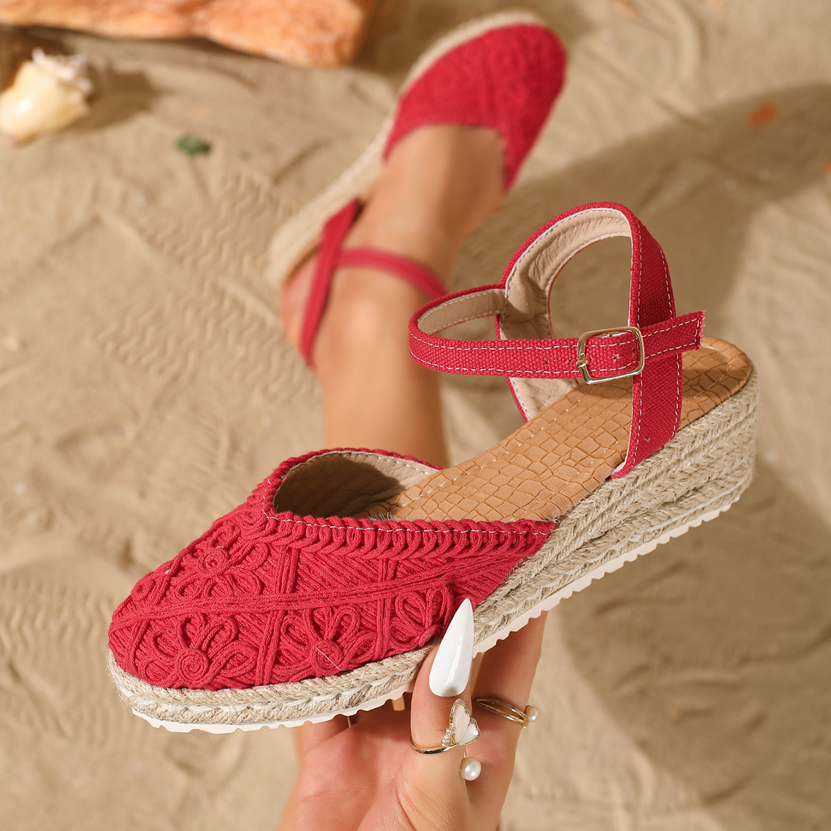 Sandalias de Cuña con Suela de Cáñamo en Lino con Cierre de Hebilla image 15