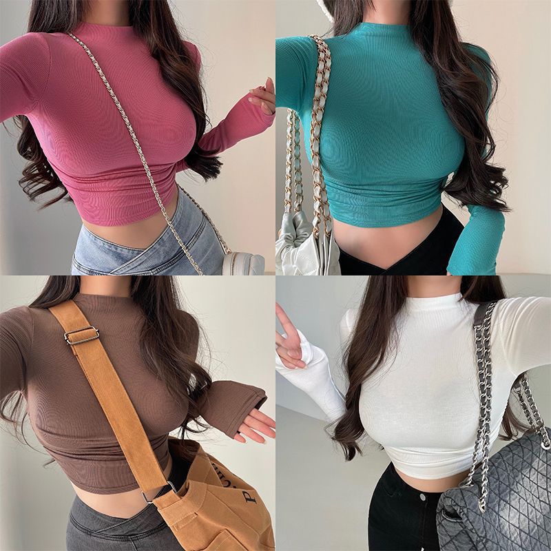 순수한 욕망 섹시한 타이트 슬리밍 작은 하이 칼라 봄과 가을 새로운 패션 짧은 배꼽 노출 셔츠 긴팔 티셔츠 탑