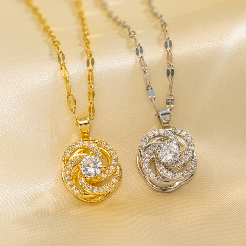 Women's Network Red Camellia Spinning Zircon Flower Small And Luxury New Design Sense Pendant Temperament Titanium Steel_voghion.com