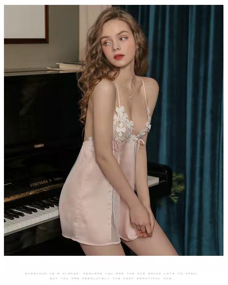 Lace Babydoll Sling Nightgown with Matching Panties, Sheer Mesh Pink, One Size — detail image 5