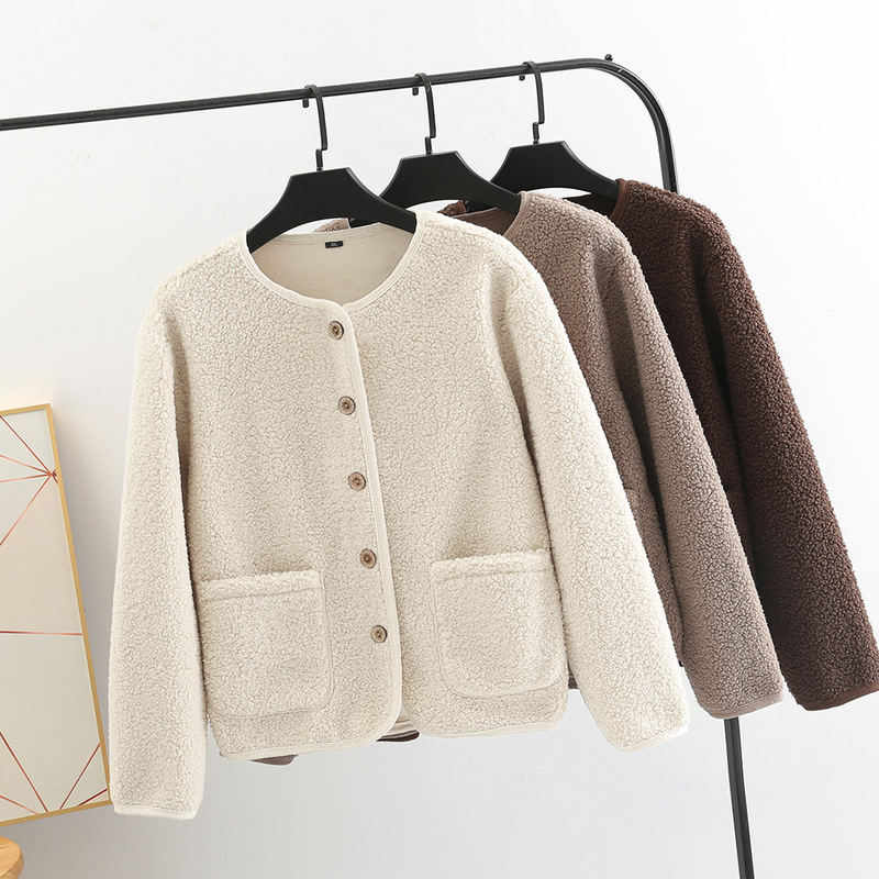Spring and Autumn Lamb Velvet Jacket Women's Warm Loose Short Polar Fleece Thin Cardigan Small Top