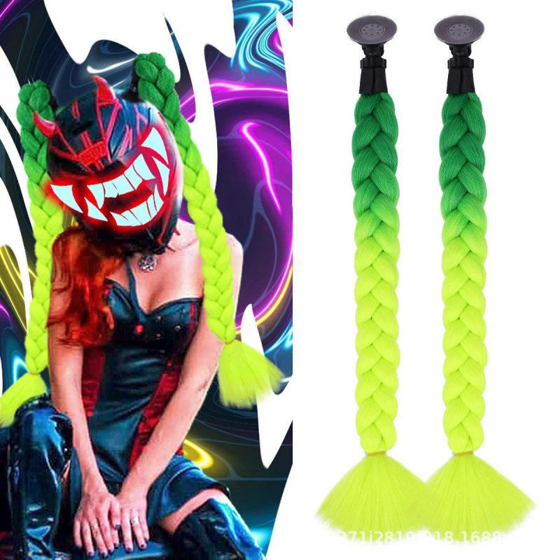 Casco de Motocicleta con Decoración de Peluca Colorida, Trenzas, Doble Cola de Caballo, Estilo Motero, con Ventosa, 60 cm