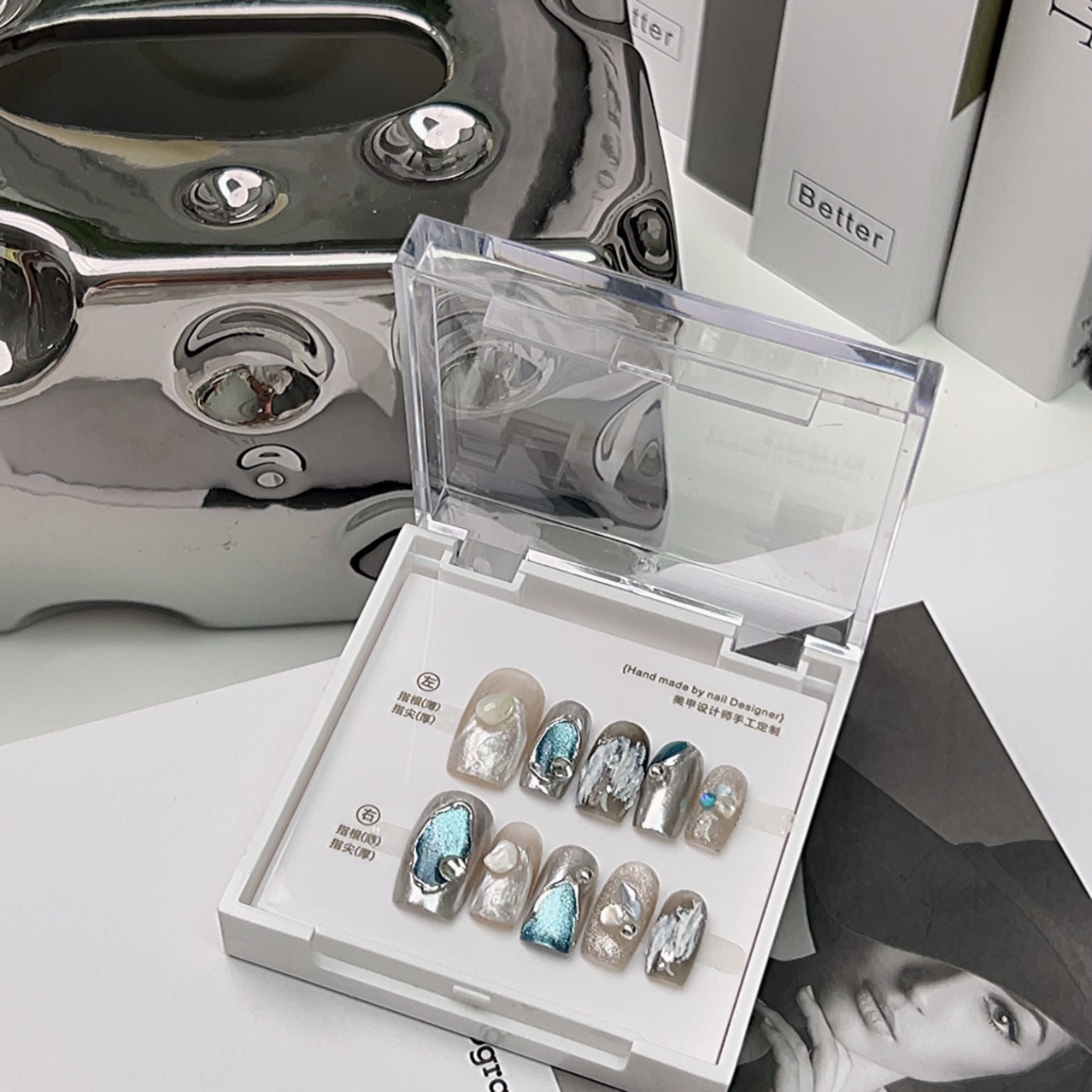 Original high-level hand-worn armor ins style texture white nail stickers small cat's eye nail art