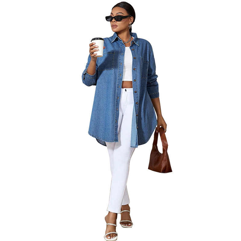 Oversized Jeanshemd Damen Langarm Denim Jacke Casual Bluse_voghion.com