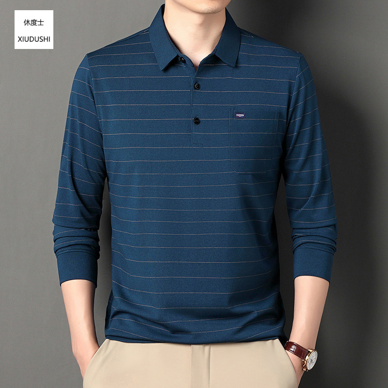 Long-Sleeved T-Shirt for Middle-Aged and Elderly Men with Real Pockets, Striped Polo Shirt with Pockets for Middle-Aged and Elderly Men