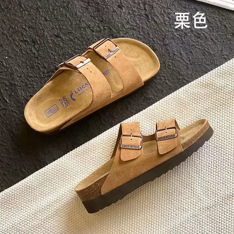 Универсальные женские полутапочки из мягкой кожи, увеличивающие рост, сандалии Birkenstock на платформе с толстой подошвой, женские весенне-летние сандалии Birkenstock в стиле ретро 2025 года.
