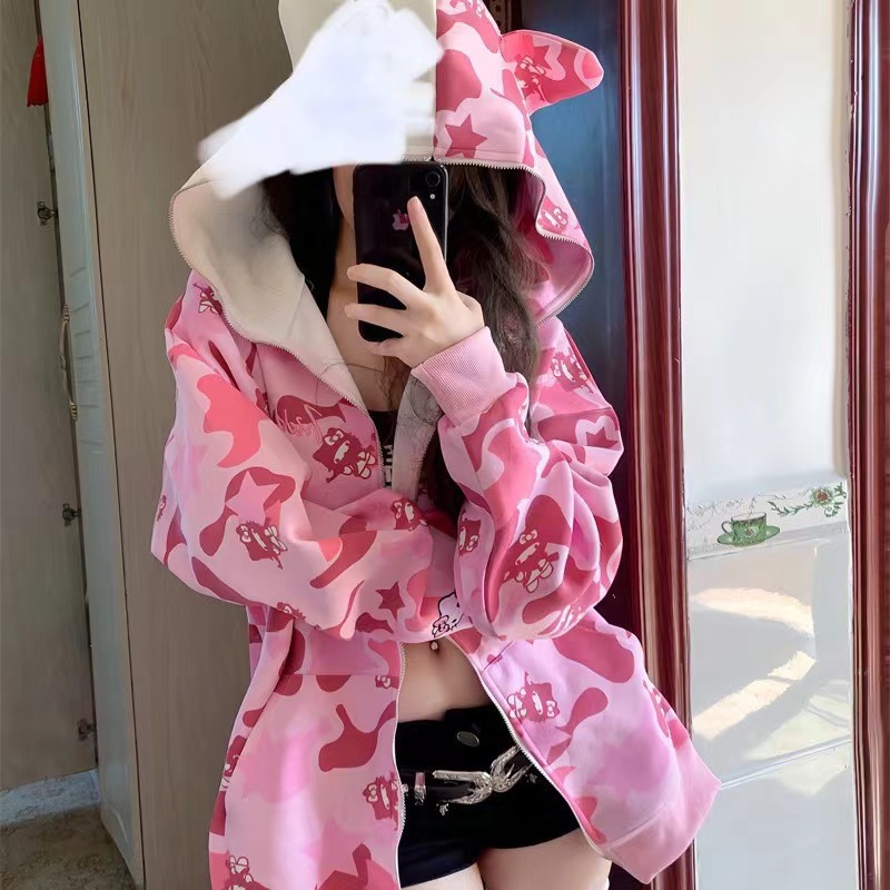 American retro vintage camouflage sweatshirt for women, spring and autumn 2023 new style, loose and lazy style oversized coat
