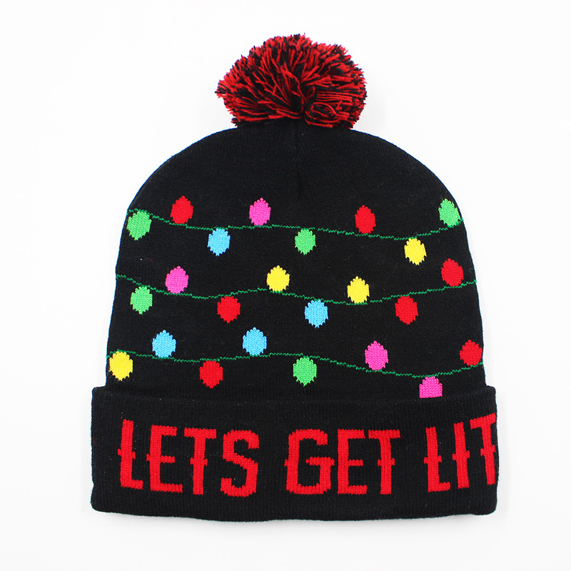 Fabricante transfronterizo de gorros navideños europeos y americanos tejidos en jacquard, gorros navideños de lana con luces LED, gorros navideños con pompón y bufandas. image 18
