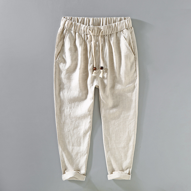 Solid color linen pants for men's summer pants, casual and versatile cropped leggings, Chinese style loose linen pants_voghion.com