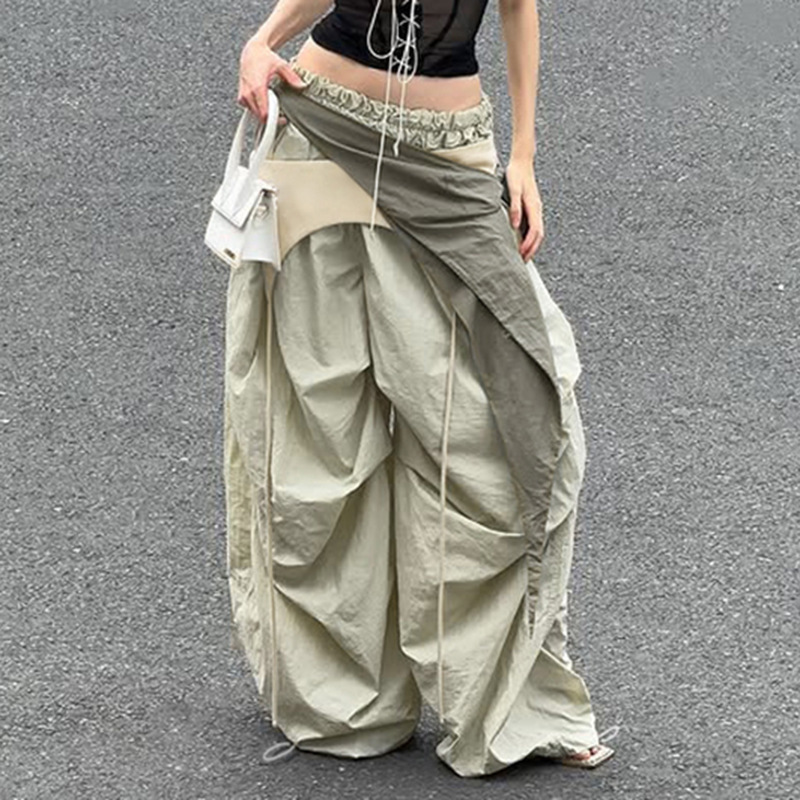 西海岸风欧美辣妹褶皱飘带工装裤小众设计街头宽松慵懒休闲长裤女|undefined