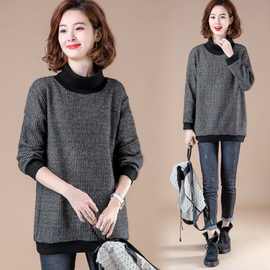 秋冬款加绒加厚加大码女装高领套头卫衣女中长款宽松上衣休闲卫衣