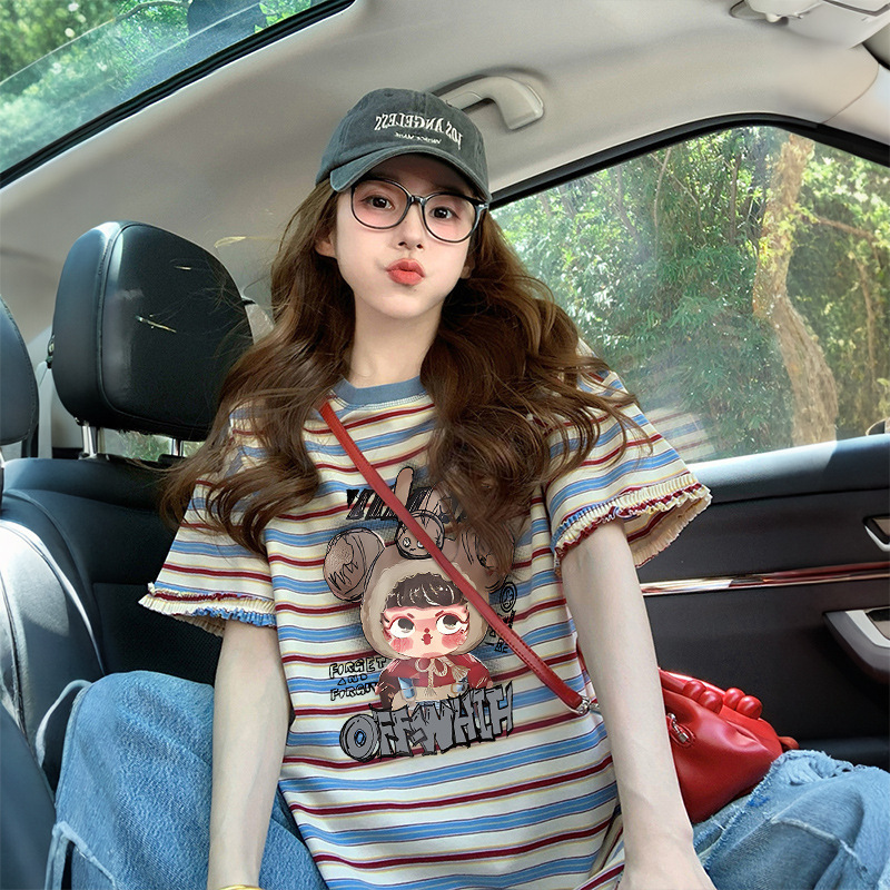 [Pure Cotton] Summer Colorful Striped Lace Short-Sleeved T-Shirt for Women, Cute Style Cartoon Large Version Loose Fit Top for Plus-Size Women