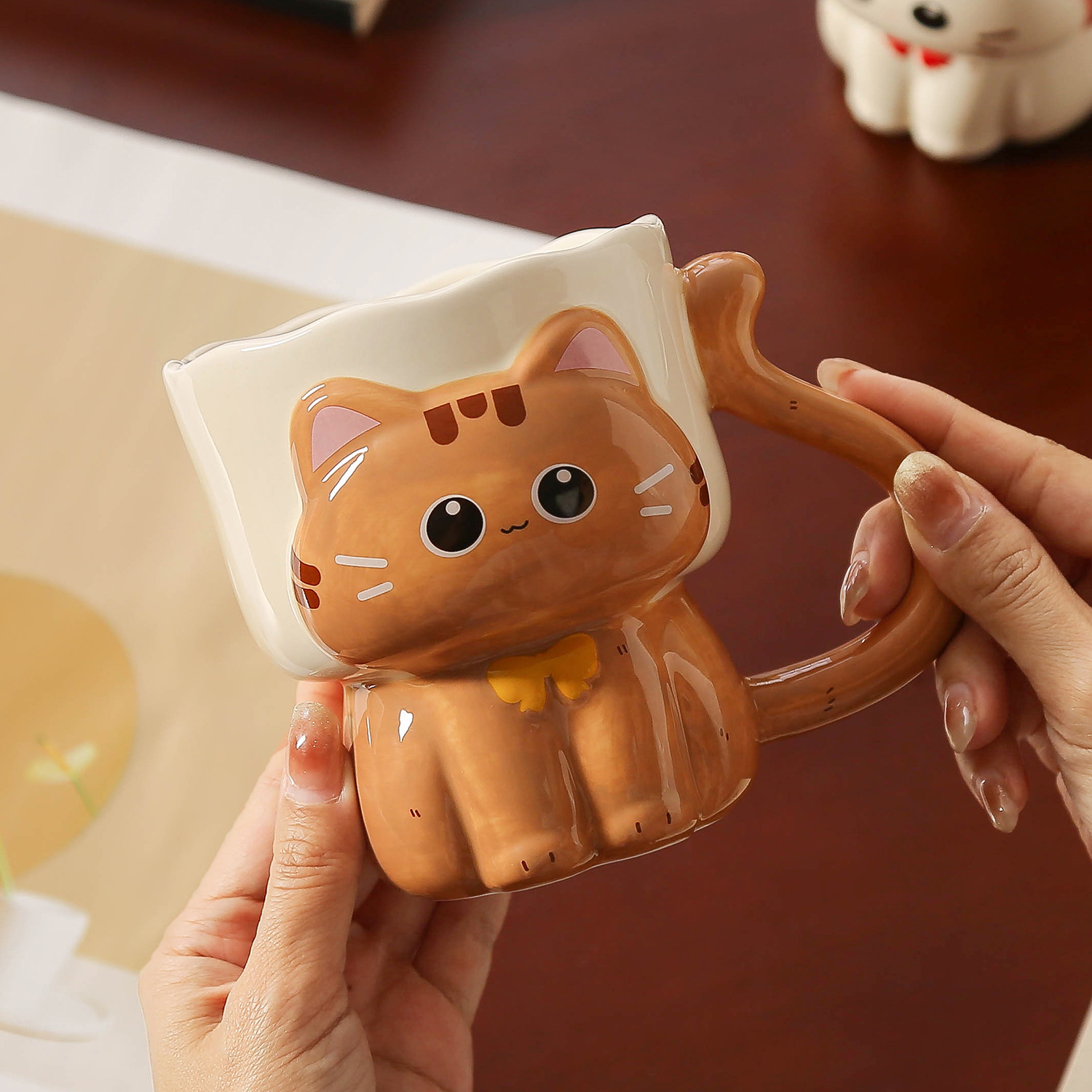 Taza Mug de Cerámica con Relieve de Gato Pintado Bajo Esmalte Resistente a Altas Temperaturas para el Hogar