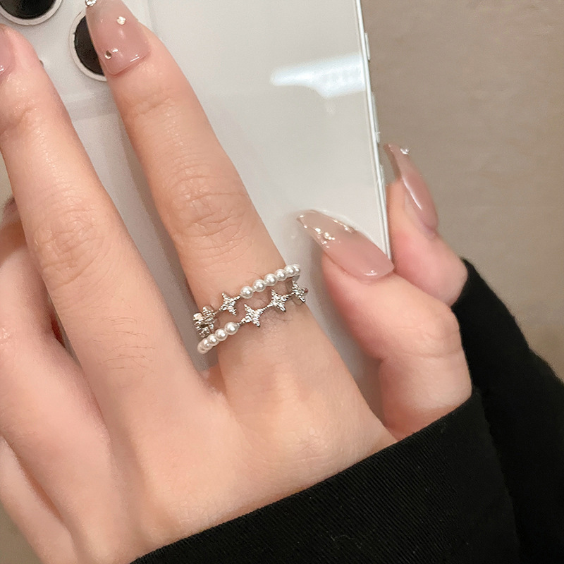 New Pearl Star Zircon Double-Layer Ring for Women Niche Design Ins Style Xiaohongshu Popular Hand Jewelry Live Broadcast