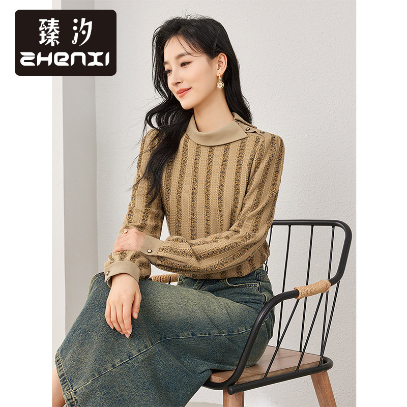 臻汐新款时尚翻领提花针织衫女长袖直筒套头小个子上衣SN315