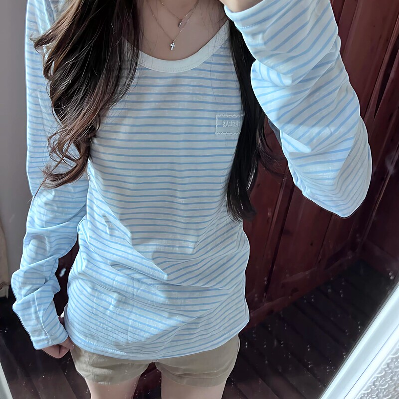 Korean-Style Round-Neck Blue and White Striped Long-Sleeve T-Shirt for Women, Early Autumn Loose Casual Sun-Protection Cover-Up Base Shirt