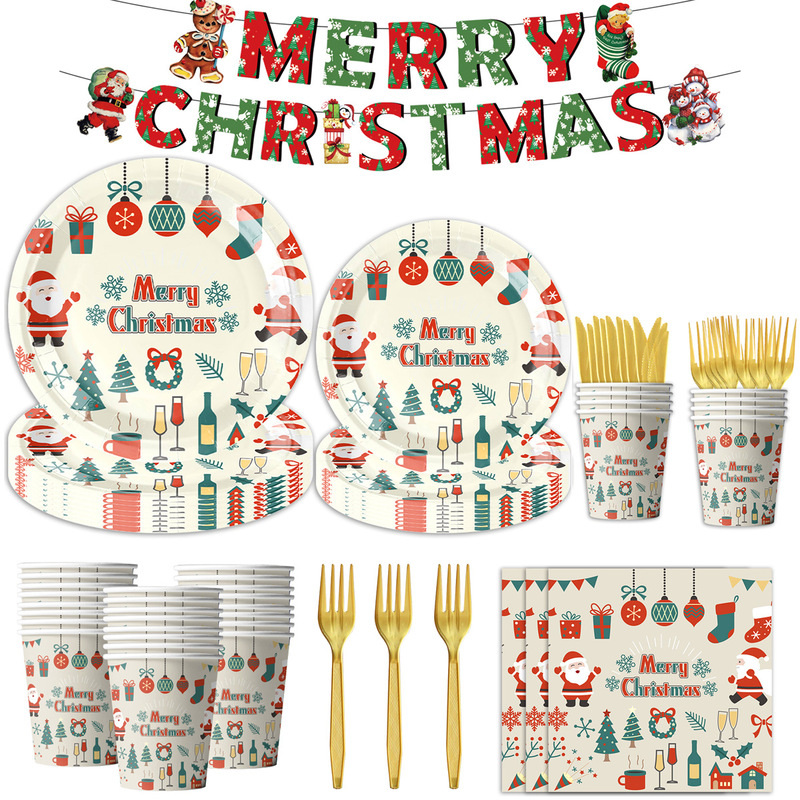 Cross-Border Christmas Themed Holiday Party Tableware Paper Plates Paper Cups Paper Towels Christmas Party Decoration Supplies