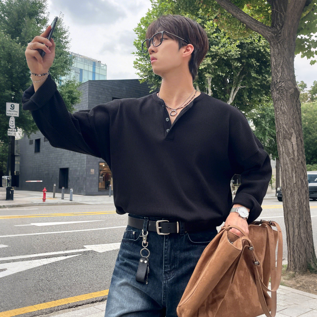 BJ轻熟风亨利领长袖T恤男2026春季新款宽松透气打底衫韩系穿搭