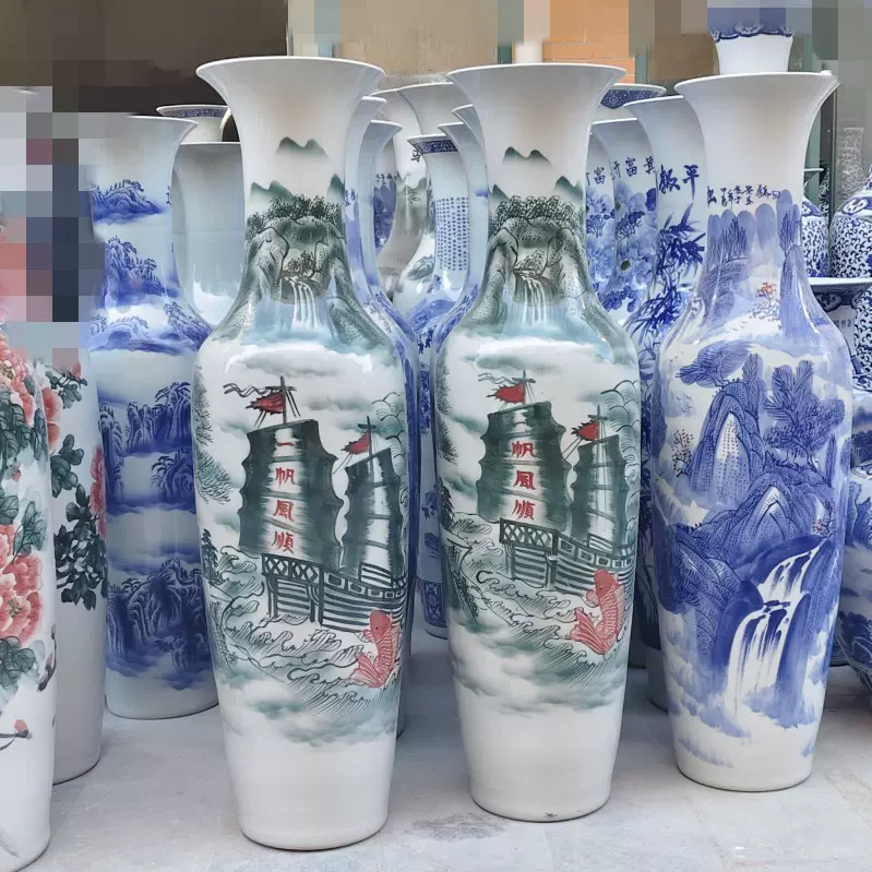 陶瓷大花瓶景德镇陶瓷手绘青花山水一帆风顺酒店摆件开业庆典装饰