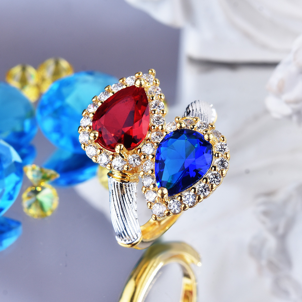 vintage中古风法式拿破仑的浪漫双生戒指 复古拉丝双色金双石戒指