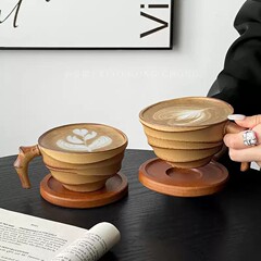 复古做旧竹节咖啡杯粗陶马克杯创意陶瓷拿铁拉花杯中古杯牛奶杯子