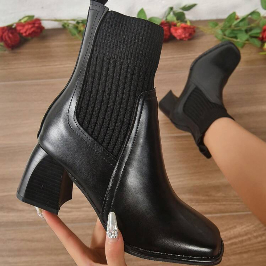 Botas cortas de invierno de 2025 nuevas botas elásticas de tacones altos cuadrados de tejido de costura volante tamaño 41 - 42