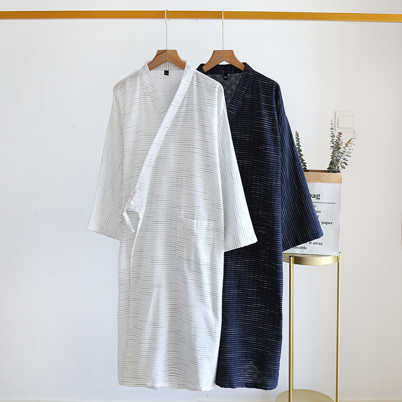 New Men's Bathrobe Spring and Summer Long Cotton Robe Large Size Home Casual Jacquard Striped Bathrobe Sauna Suit