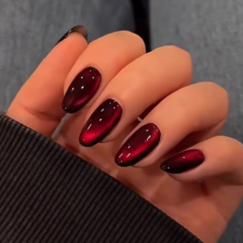 European and American Cross-Border Best-Selling Cherry Wine Red Cat-Eye Nail Stickers Wearable Nails Ins Hot-Selling Red and Black Nail Art