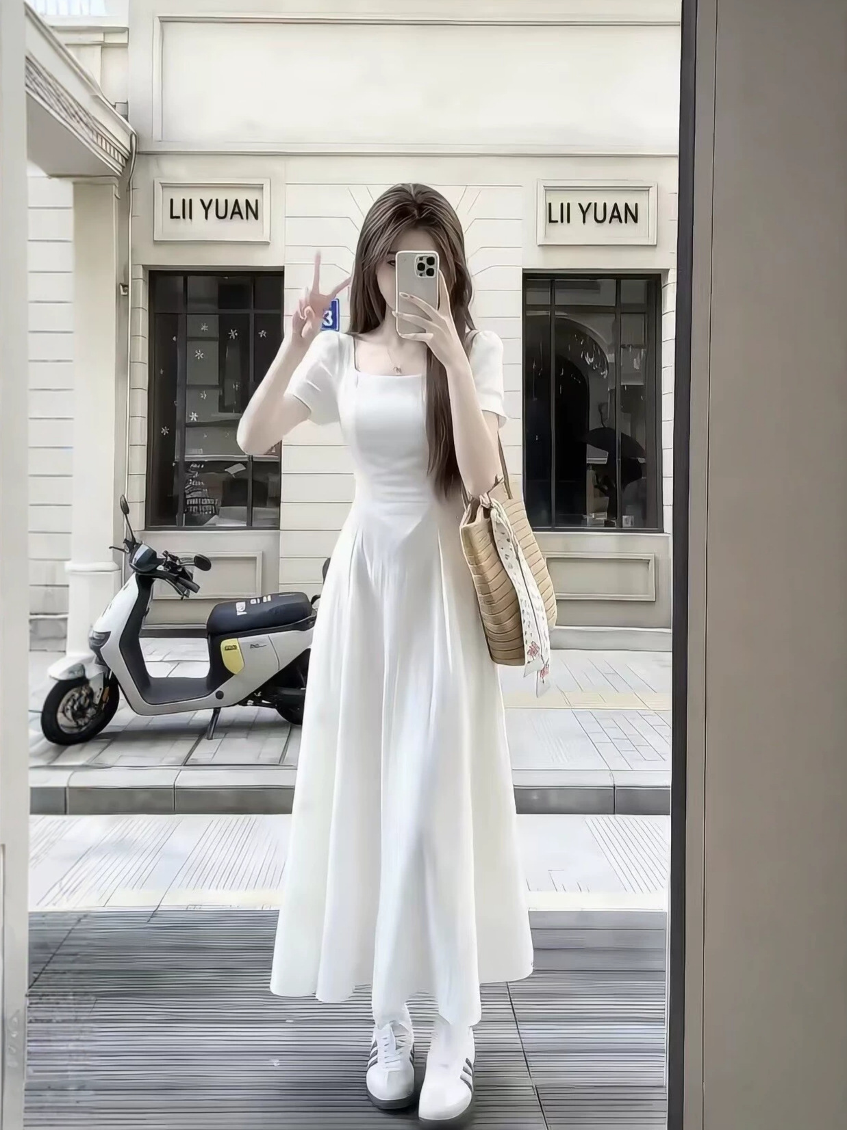 Váy dài nữ cổ vuông thắt eo tay ngắn kiểu Pháp — trắng