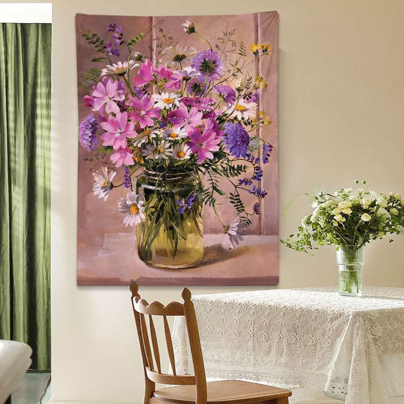 レトロな花柄油絵タペストリー、リビングルーム装飾用壁掛け布、欧米風アート壁掛け布、背景壁布、遮蔽布|undefined