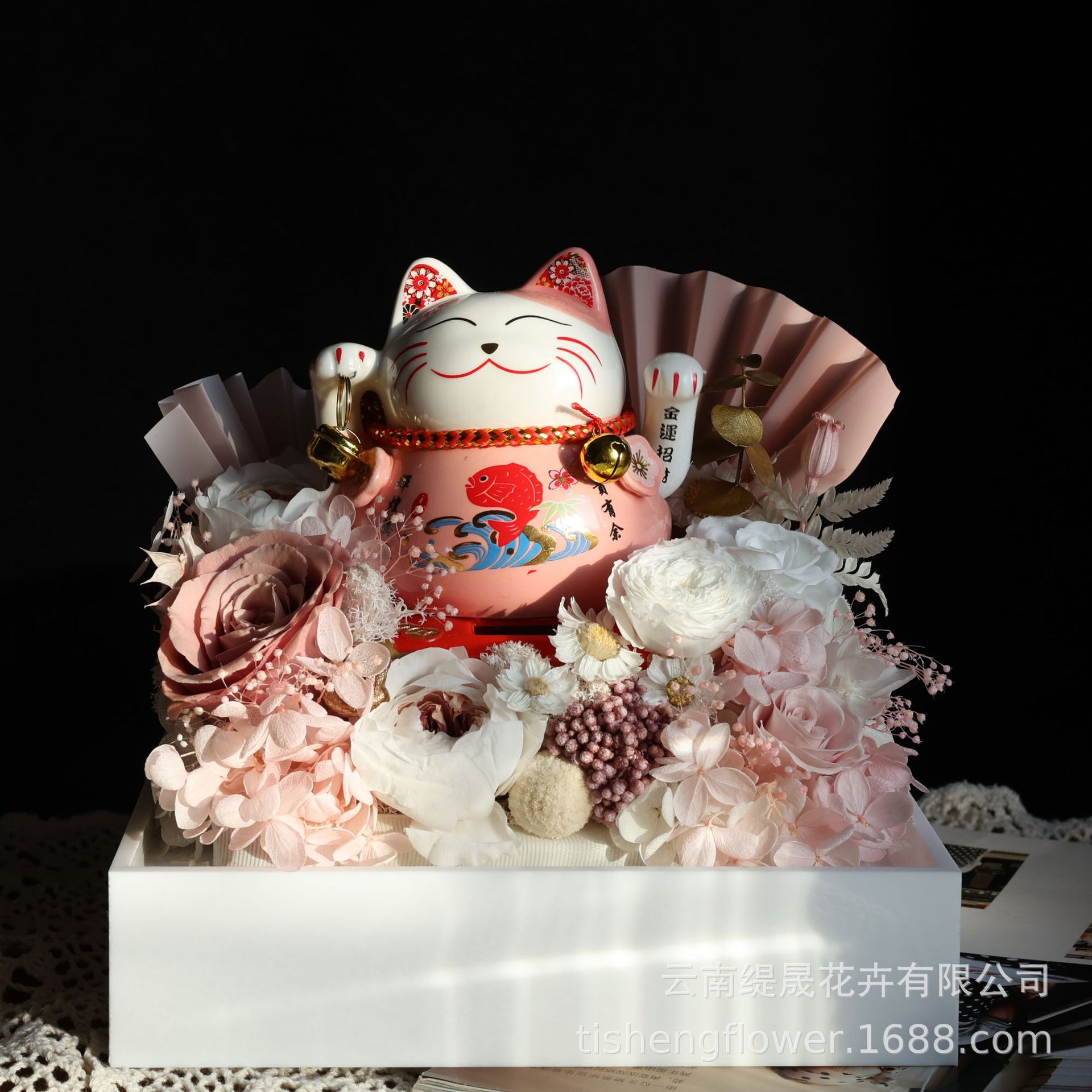 Lucky Cat Eternal Flower Finished Product Solar Automatic Waving Acrylic Cover Ornament Opening Housewarming Gift For Friends