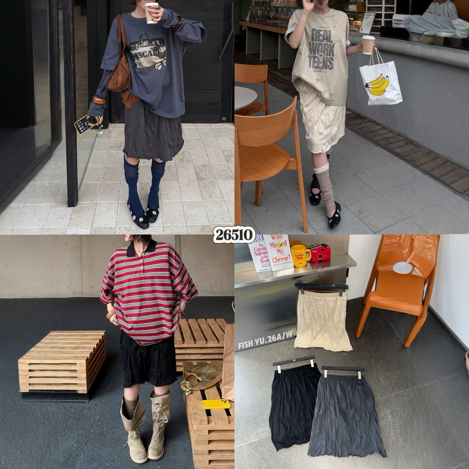 Thirteen Lines FlSHYU Early Autumn New Korean Style 3D Pleated Textured Elastic Waist Midi Skirt for Women 26510