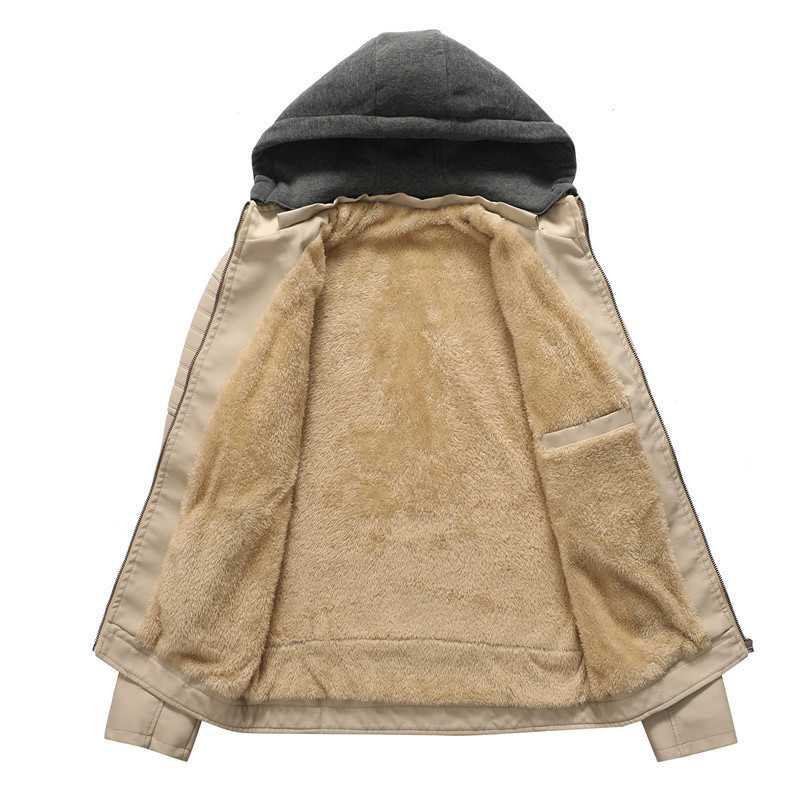 Motorcycle jacket for autumn and winter, men's thick fleece hooded zipper leather handsome stand up collar jacket, 1002_voghion.com