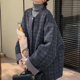 小香风粗花呢夹棉外套女冬季2024新款高级感宽松时尚洋气短款棉服