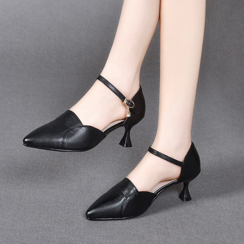 Xăng đan nữ mũi nhọn da thật quai ngang gót nhỏ 3 cm — Gót đen cao 3 cm