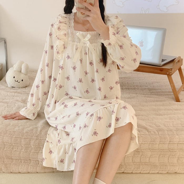 Pijamas de mujer de Primavera de algodón artificial crepé encaje camisón de manga larga ropa para el hogar de las mujeres vestido de una sola pieza de dibujos animados lindo Generación de cabello