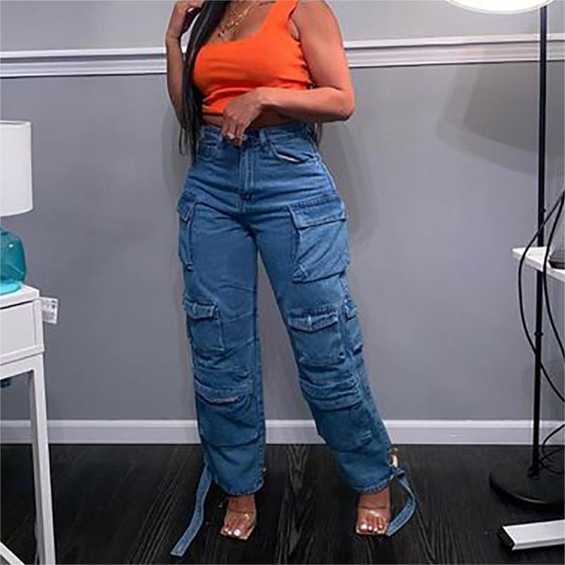 Women's Jeans Multi Pocket Washed Workwear Denim Trousers_voghion.com