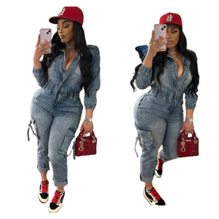 New Denim Jumpsuit MZ88596 in stock European and American Cross-border Fashion Washed High Elastic Long-sleeved Jumpsuit