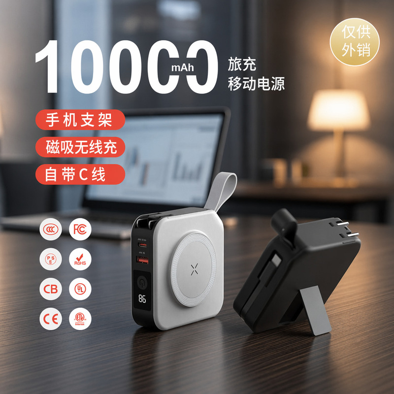 Magnetic Wireless Power Bank Pd20W with Built-In Cable and Plug, 18W Fast Charging, 10000Mah Charger, Mobile Power Supply