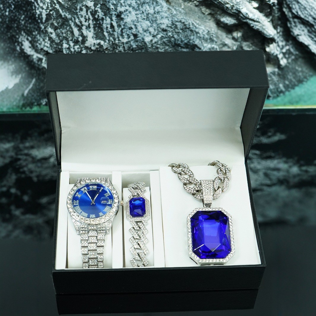 Ventas transfronterizas calientes colgante de aleación de esmeralda roja pulsera collar reloj 5 piezas conjunto de joyas de regalo de alto nivel para hombres