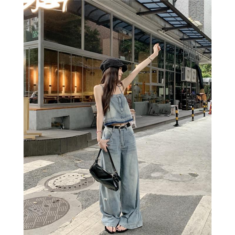 时尚气质减龄套装女夏季2025新款吊带背心高腰破洞牛仔长裤两件套|undefined