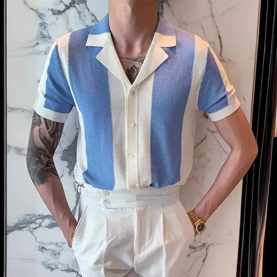 Cross-border Summer Light Mature Color Block Short-sleeved POLO Shirt Men's British Korean-style Slim-fit Knitted Base Shirt Men's Top