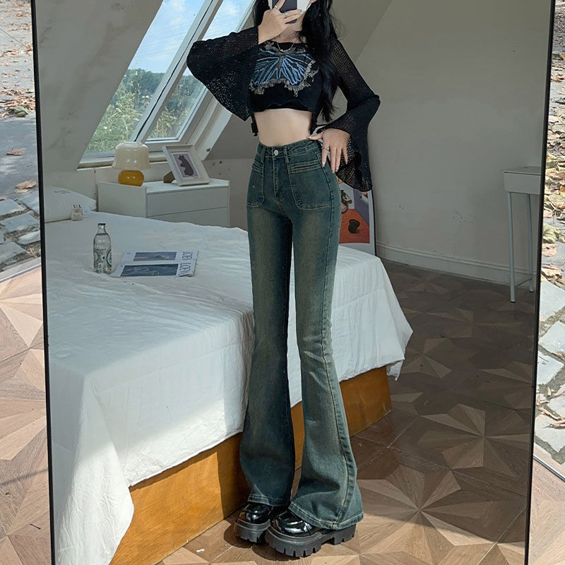 夏季复古高腰做旧微喇牛仔裤女百搭高街喇叭裤2024年辣妹显瘦长裤