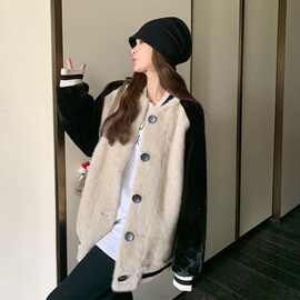 撞色拼接毛毛棒球服外套女2025冬季新款韩版设计感时尚减龄棉服潮