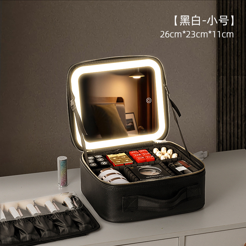Neceser de maquillaje con luz LED y espejo, portátil, gran capacidad, modelo 2024 profesional.