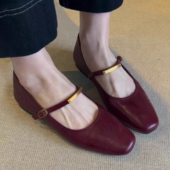 牛革タイプ ~ 超ソフト本革靴フランスのフラットシューズ女性の方頭レトロ低ヒールワインレッドのメアリー珍靴