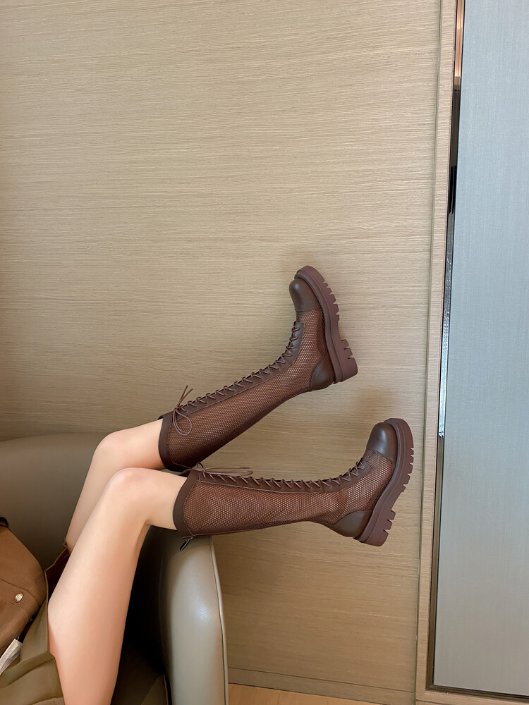 Boot lưới da thật cổ cao đế dày thoáng khí mùa xuân hè phong cách kỵ sĩ buộc dây — Màu nâu ống lớn, Màu đen cổ ống lớn, Ống nhỏ màu đen, Ống nhỏ màu be chi tiết 12