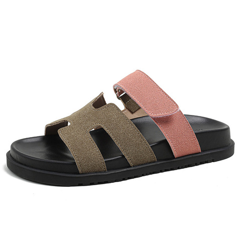 [Same style as Su Yinyin] Super Second Uncle_Genuine leather Velcro casual thick-soled H slippers for women to wear outside summer