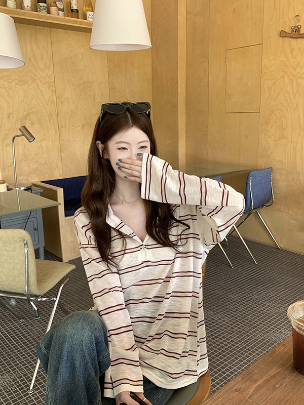 法式粉色条纹V领长袖t恤女夏季轻薄防晒罩衫慵懒风松弛感上衣|undefined